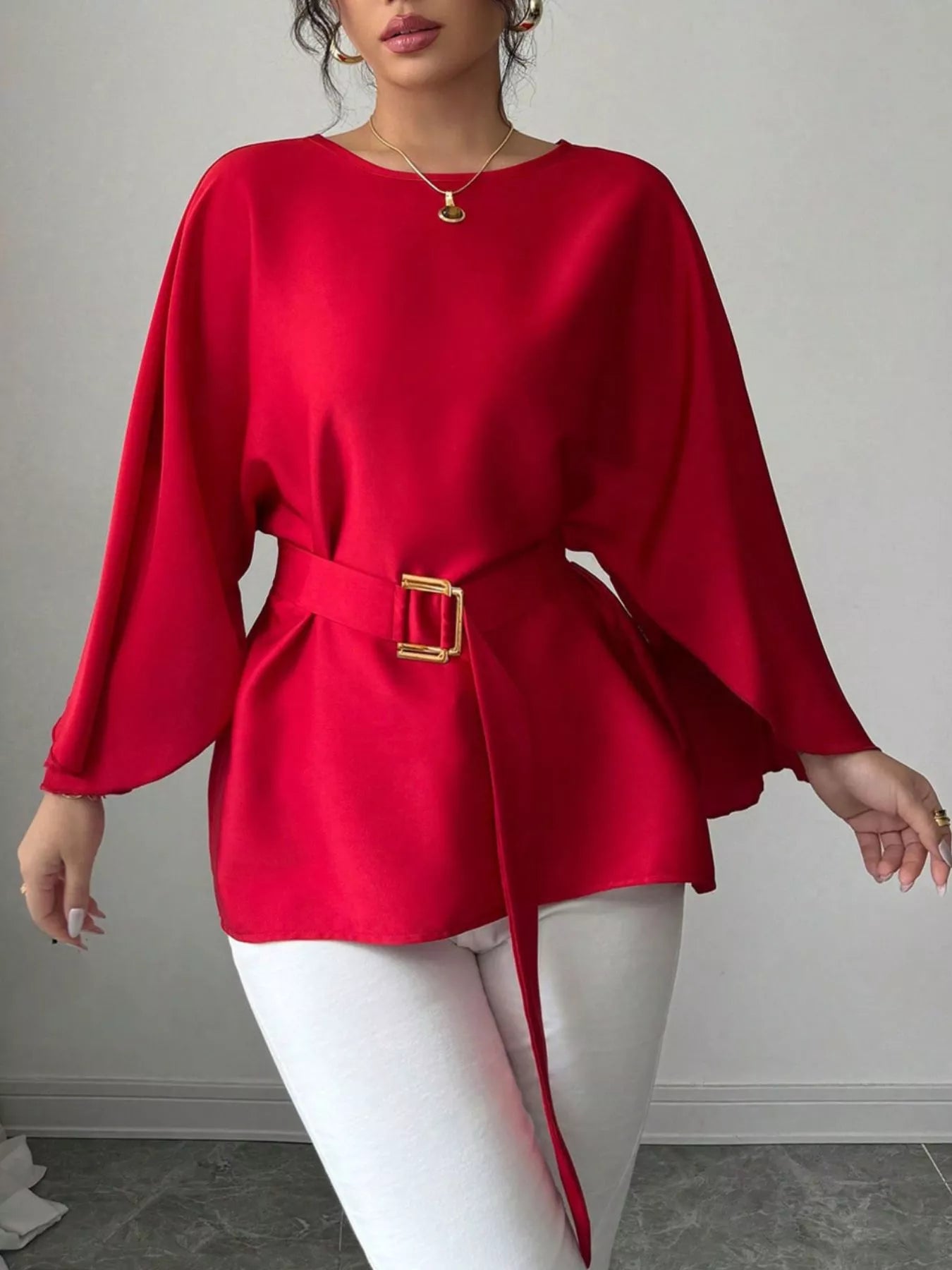 Round-neck belt batwing-sleeve blouse