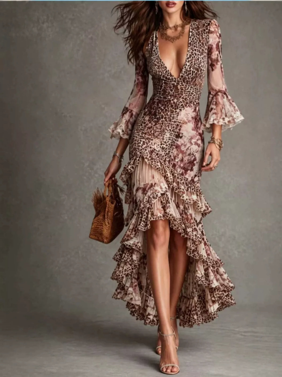 Brown and pink leopard high-low ruffle-hem maxi dress, full front view.