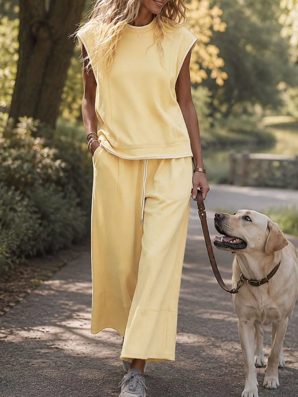 Yellow sleeveless top and cropped pants set, wide-leg pants view