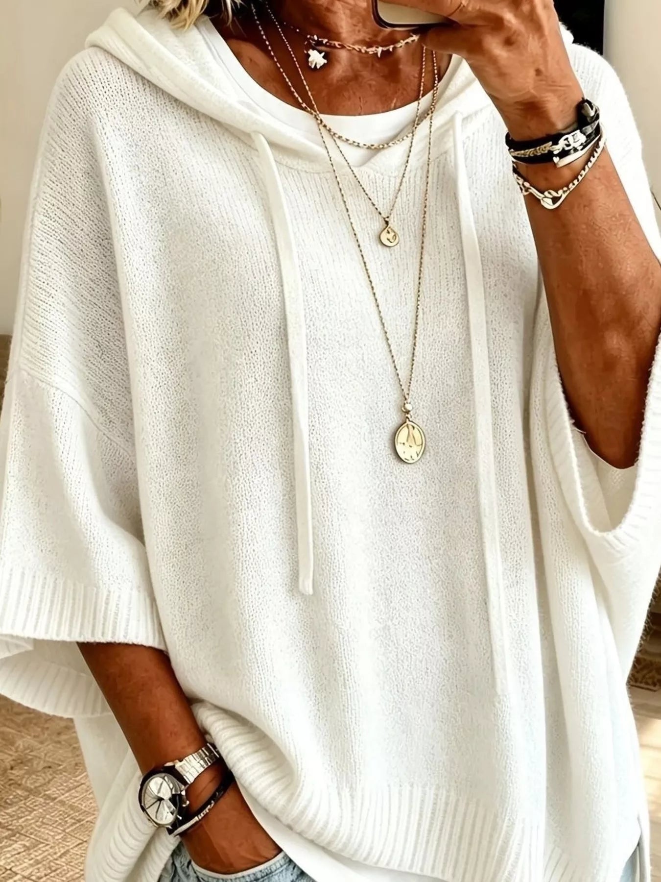 Trendsi Full Size Casual Hooded Batwing Sleeve Knit Sweater Plus Size -