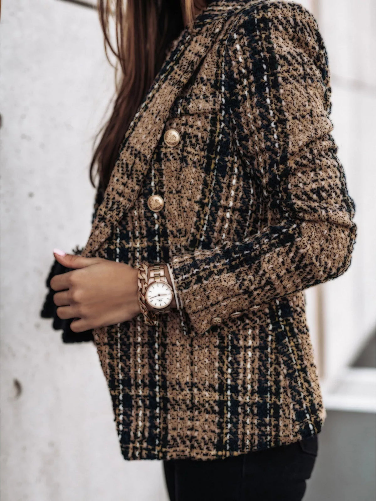 Plaid tweed-look double-breasted blazer