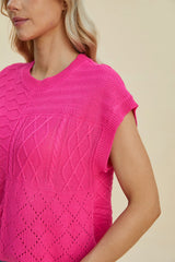 Trendsi Double Take Full Size Cable-Knit Round Neck Cap Sleeve Sweater - Shirts