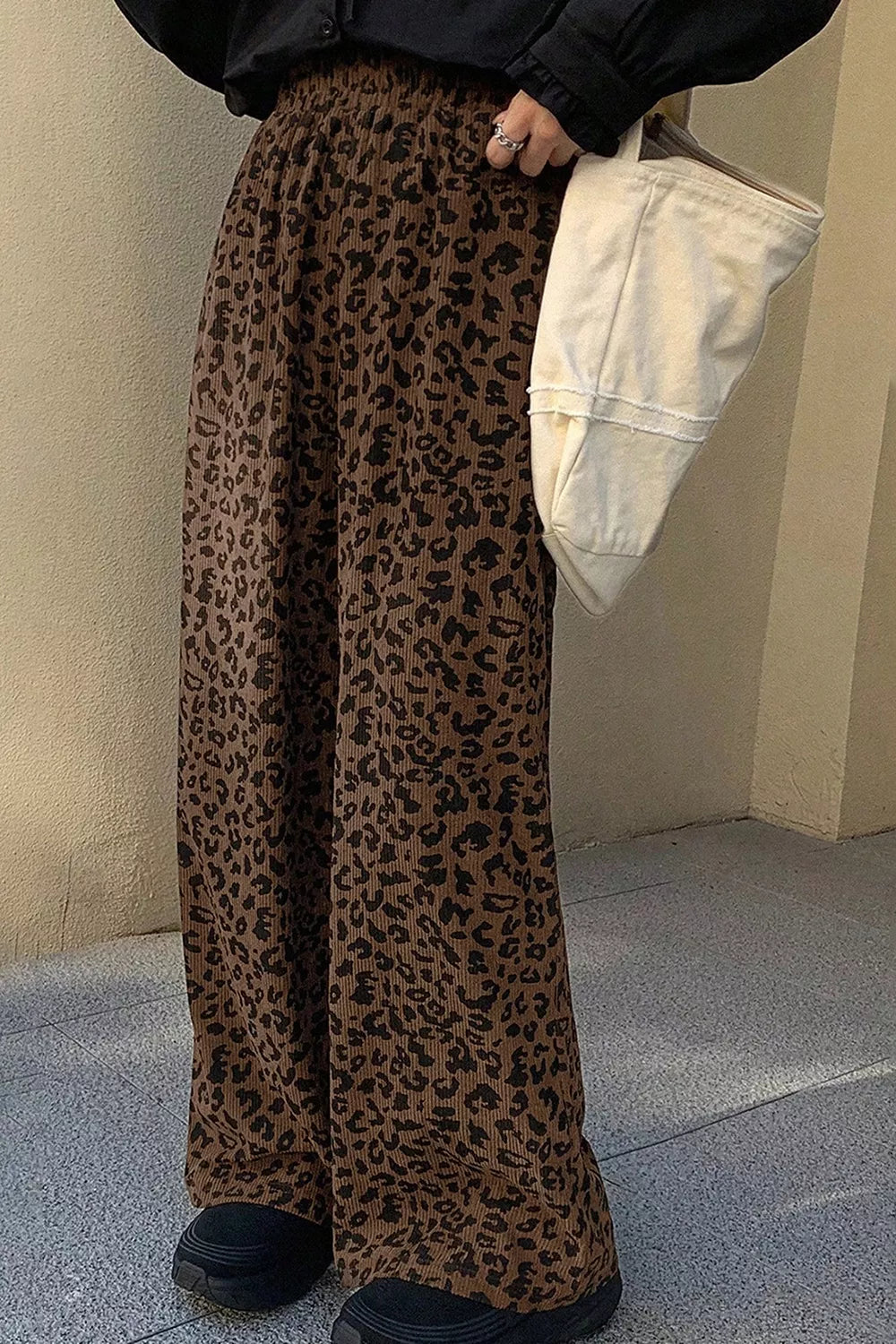 Trendsi Leopard Print Elastic High Waist Loose Corduroy Pants -