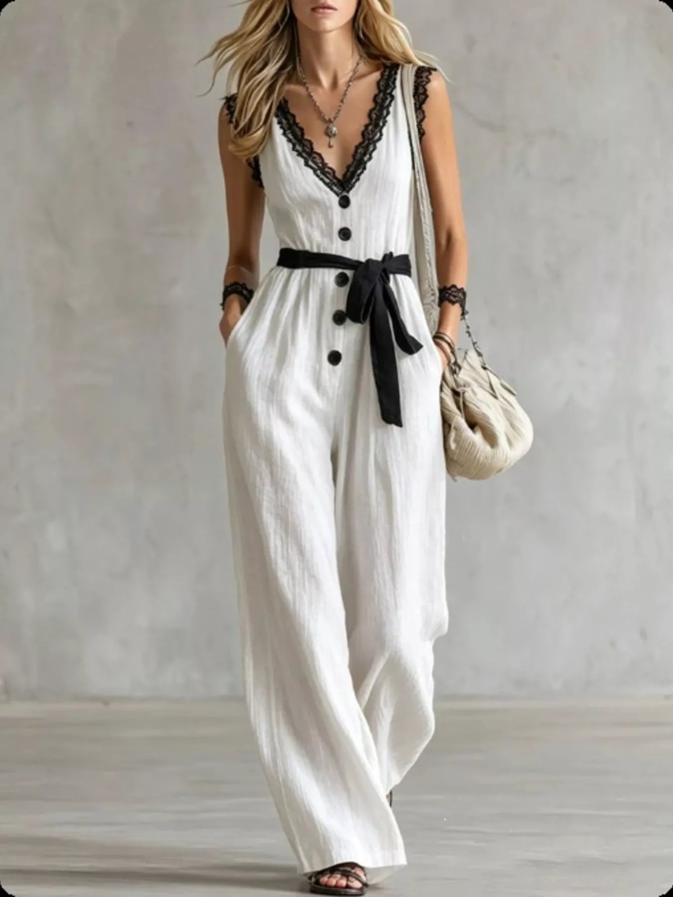 Trendsi Lace Detail V-Neck Sleeveless Jumpsuit -