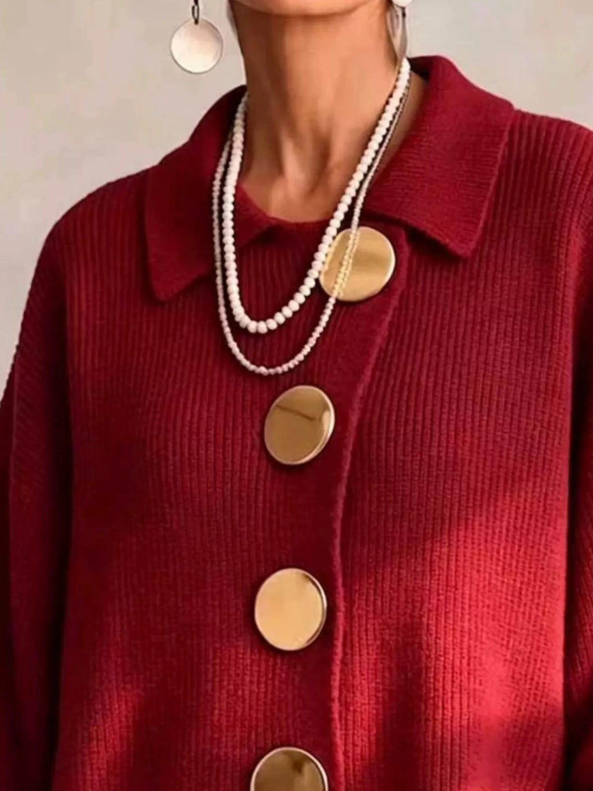 Trendsi Full Size Gold Buttons Lantern Sleeve Cardigan Plus Size -