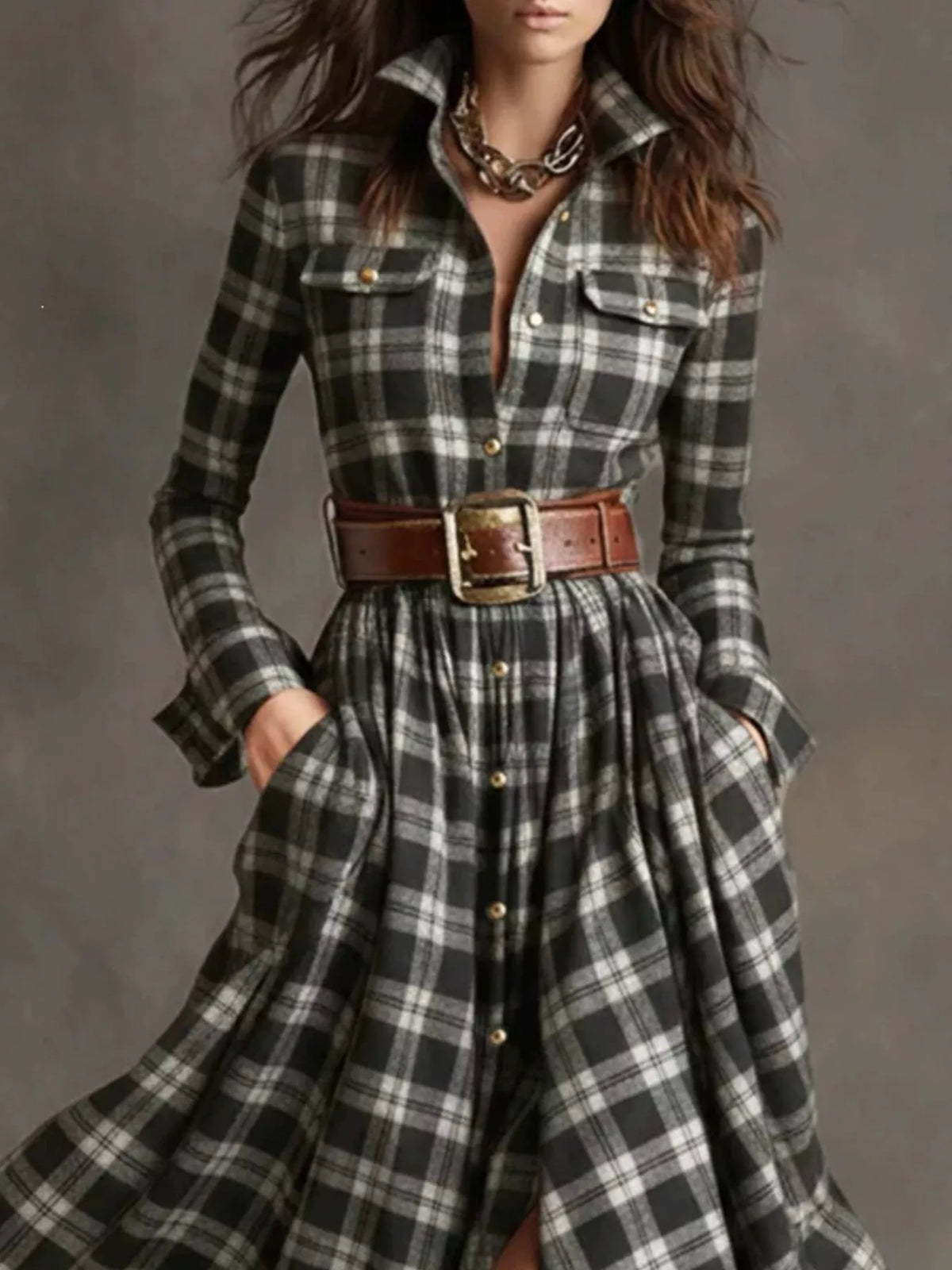 Vintage Plaid Button-Down Maxi Shirt Dress in green and white
