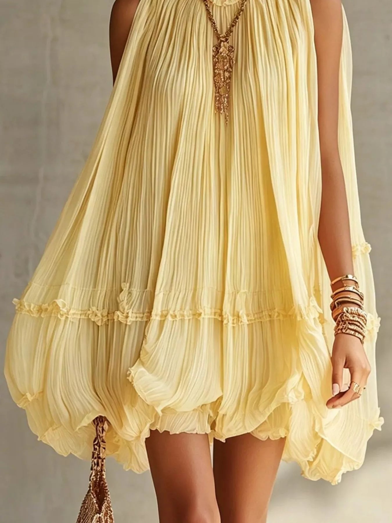 Trendsi Pleated Mock Neck Sleeveless Mini Dress -