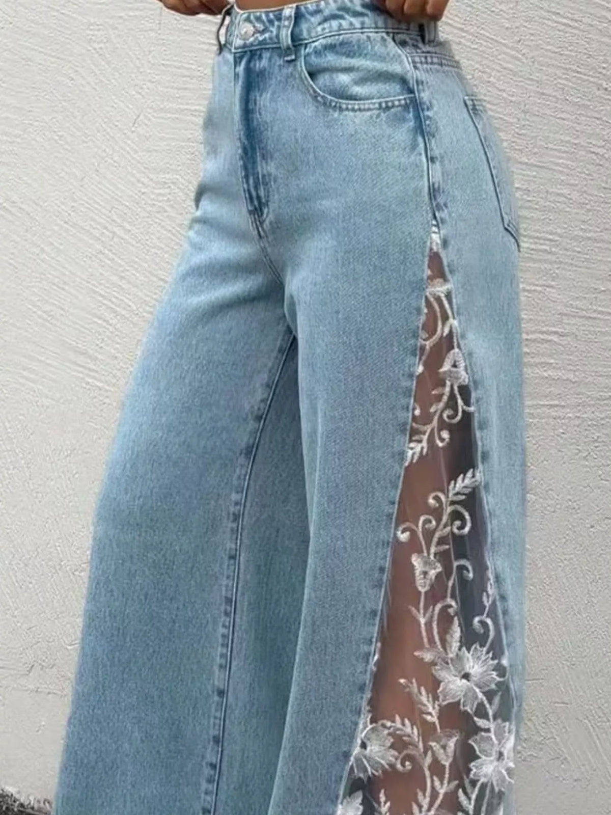 High-Waisted Wide-Leg Jeans with Sheer Floral Lace Side Panels — front view