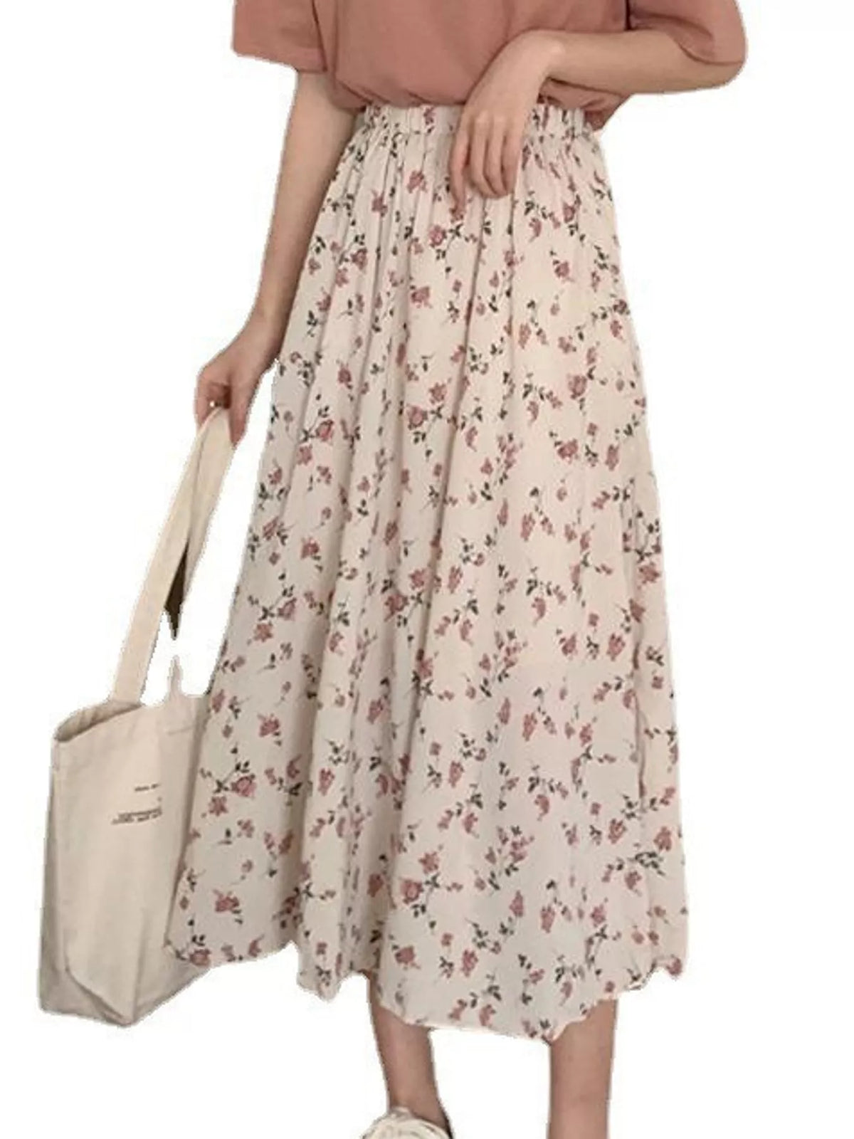 Floral Print High-Waisted A-Line Midi Skirt — front view