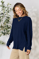 Trendsi Basic Bae Full Size Ribbed Round Neck Slit Knit Top -