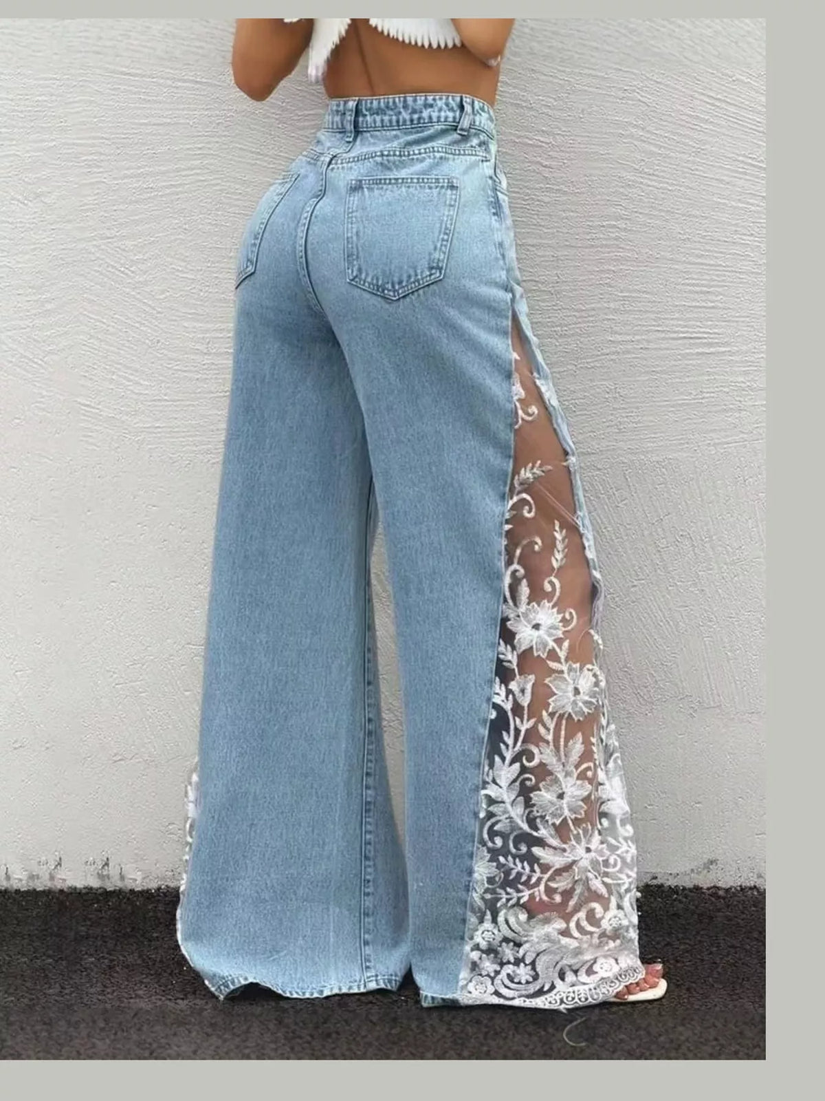 High-Waisted Wide-Leg Jeans with Sheer Floral Lace Side Panels — back view