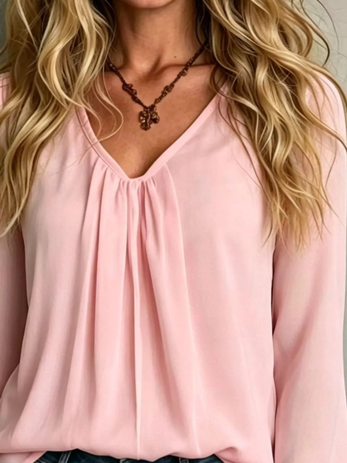 Dusty Pink V-Neck Flounce Sleeve Blouse detail view