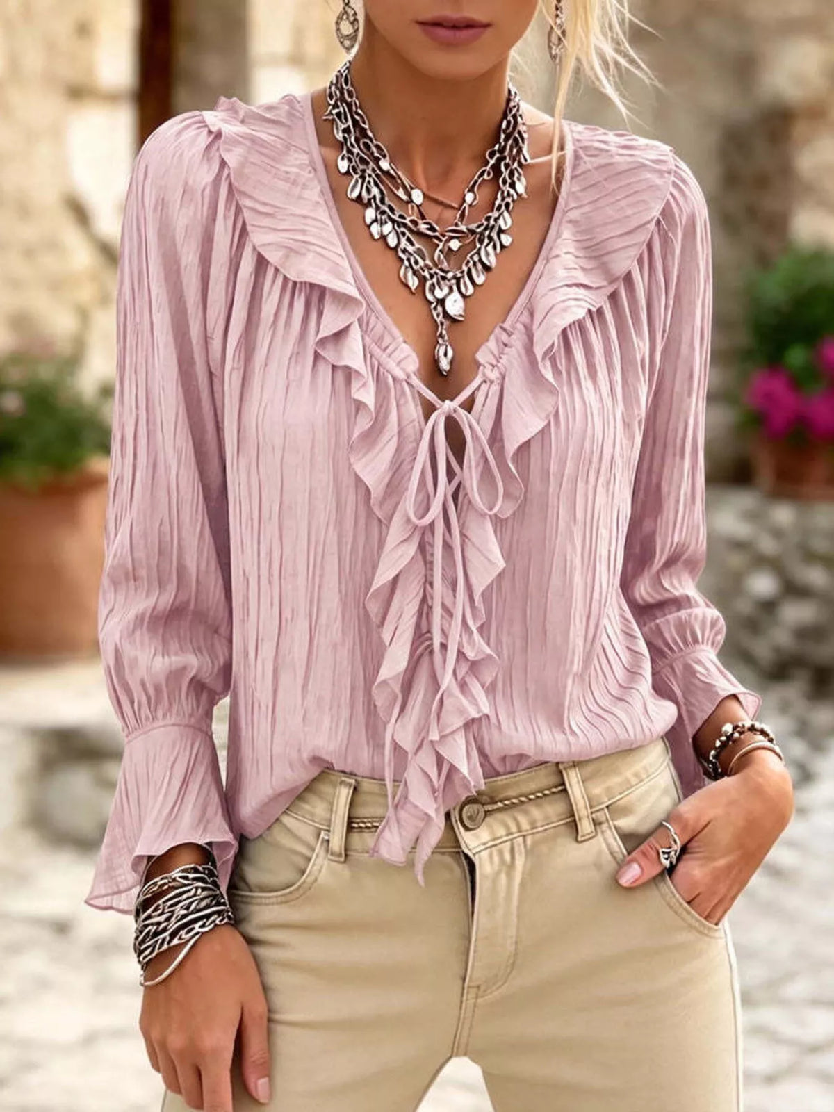 Sage Ruffled Tie Neck Long Sleeve Blouse side view