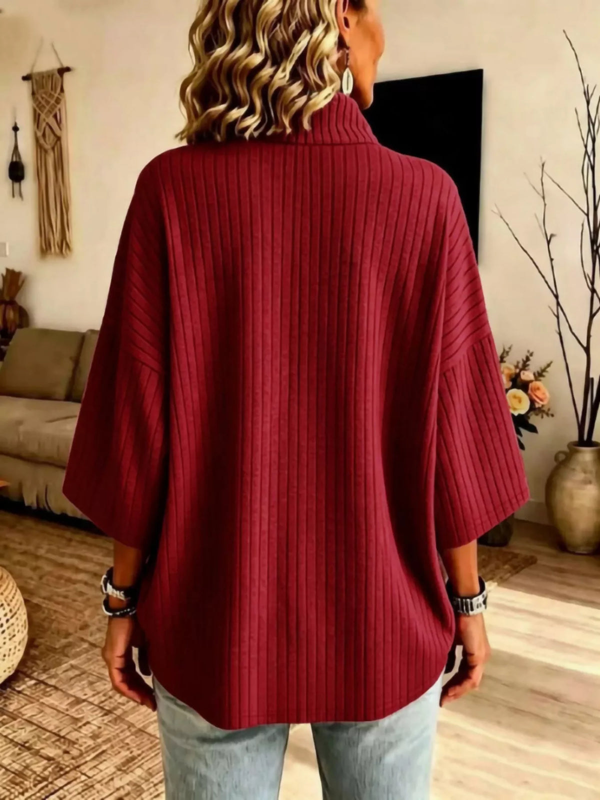Women's Half-Zip Ribbed Knit Top in Burgundy, alternate view