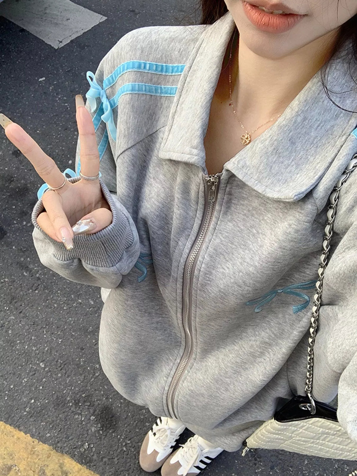 Heather Gray bow embroidered zip-up sweatshirt
