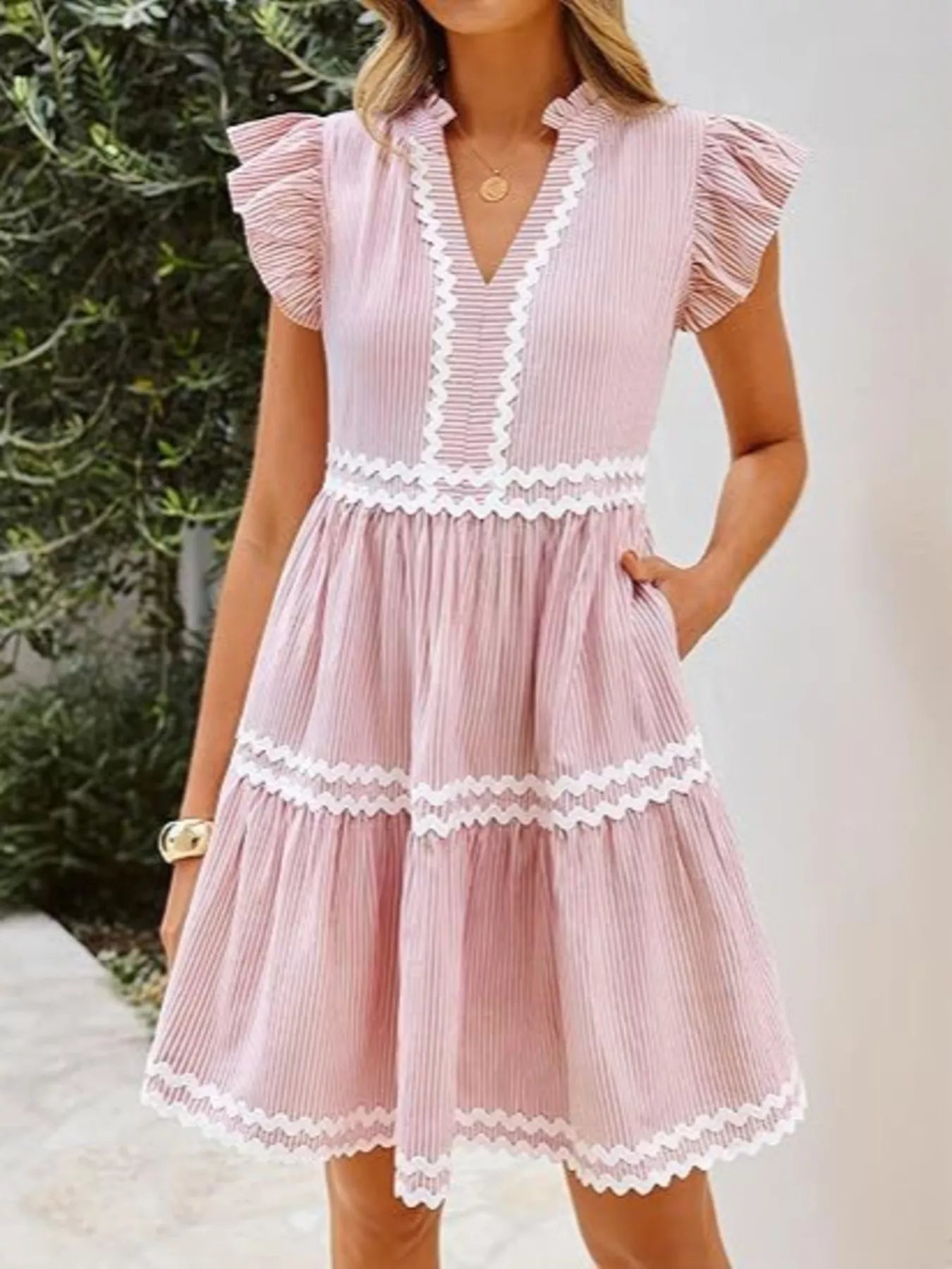 Trendsi Striped Ruffle Sleeve Tiered Dress -
