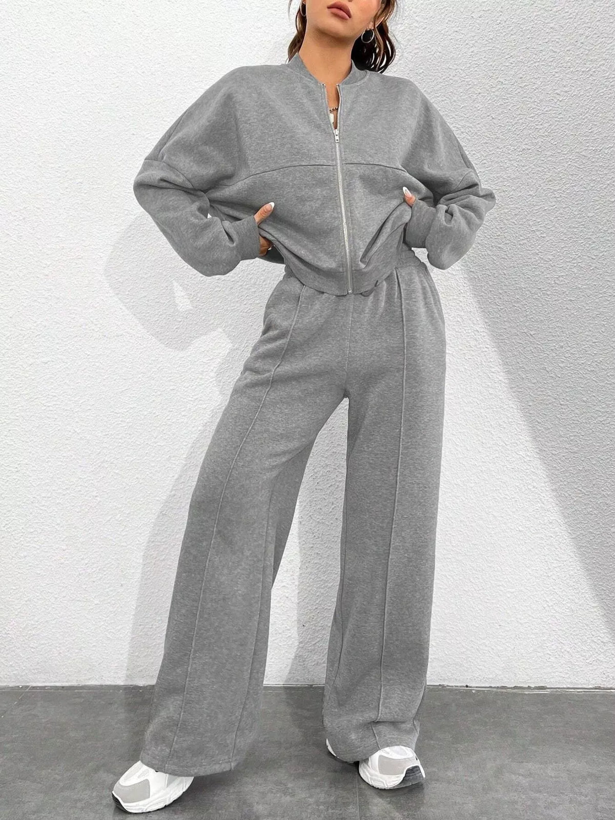 Zip jacket and pants set, gray set zipped front