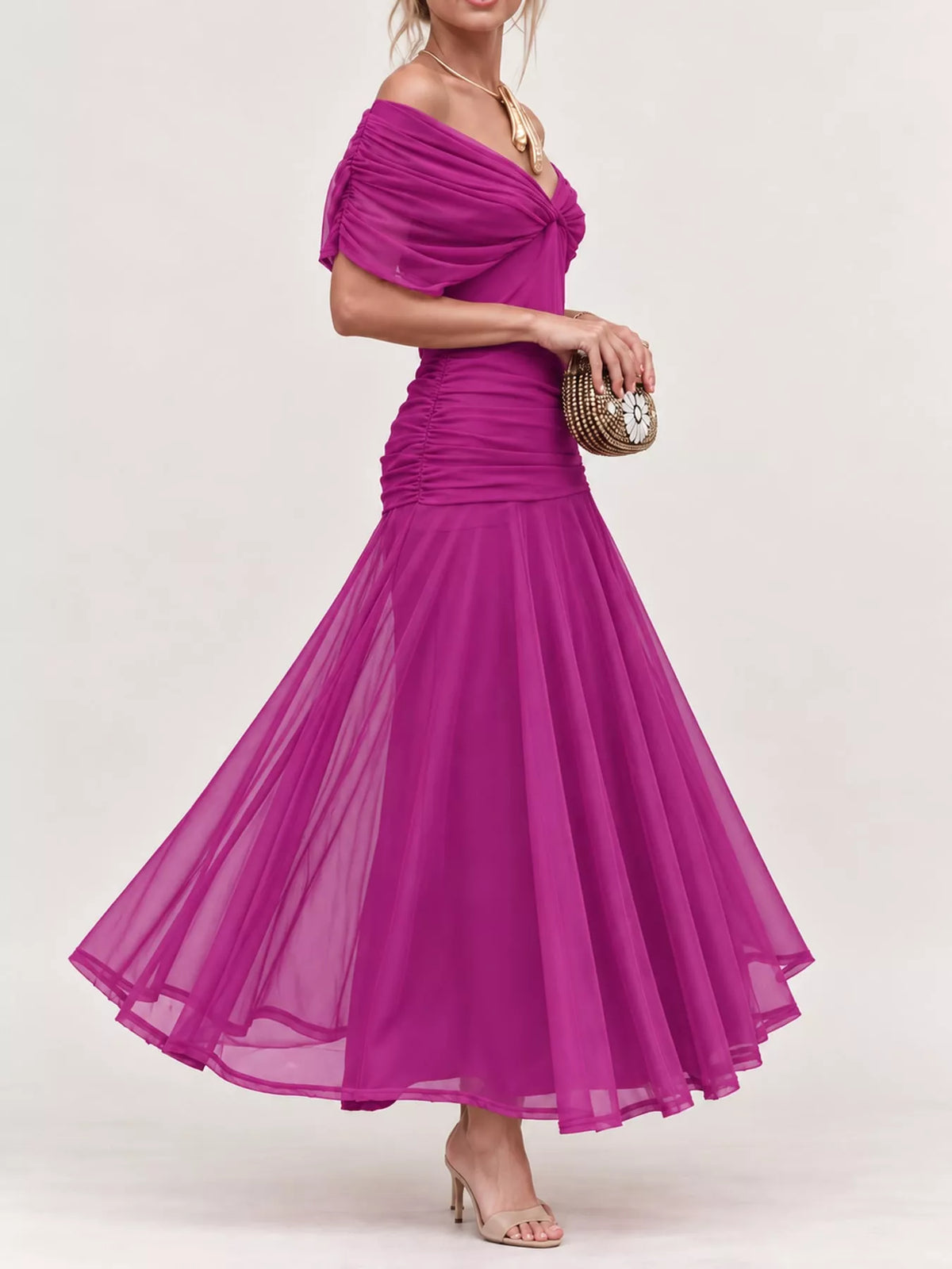 Fuchsia off shoulder ruched tulle evening dress, side view