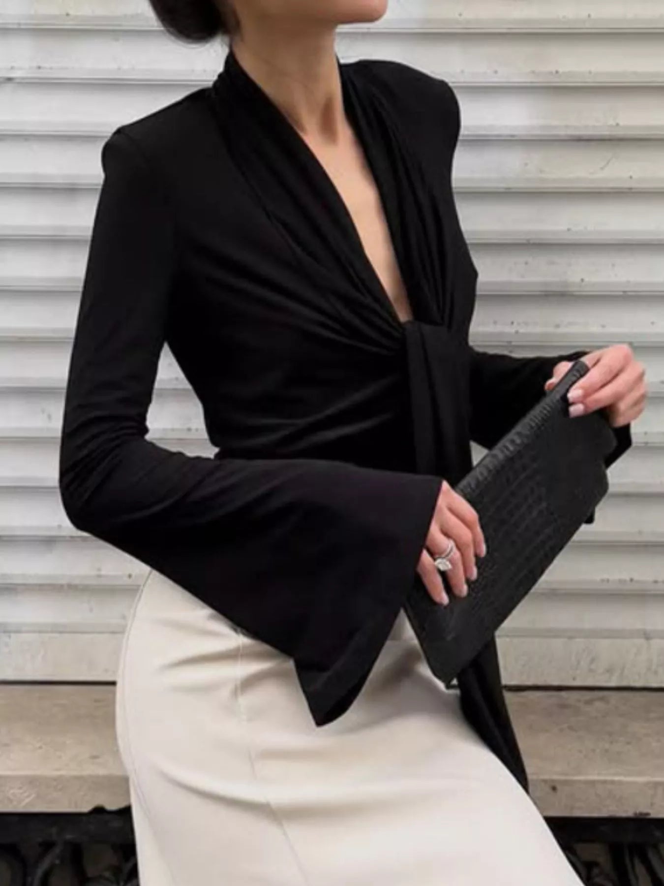 Trendsi Front Tie Detail Flare Sleeve Blouse -