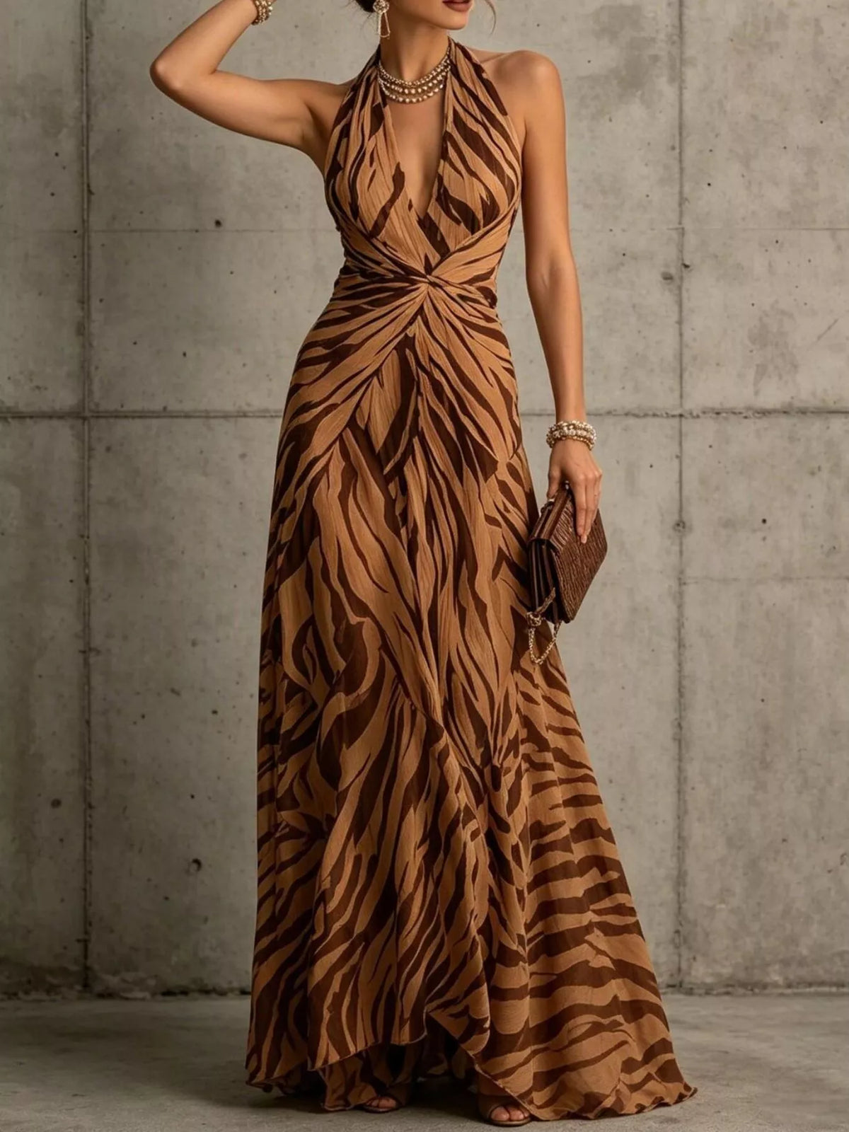 Animal-print maxi dress, brown front