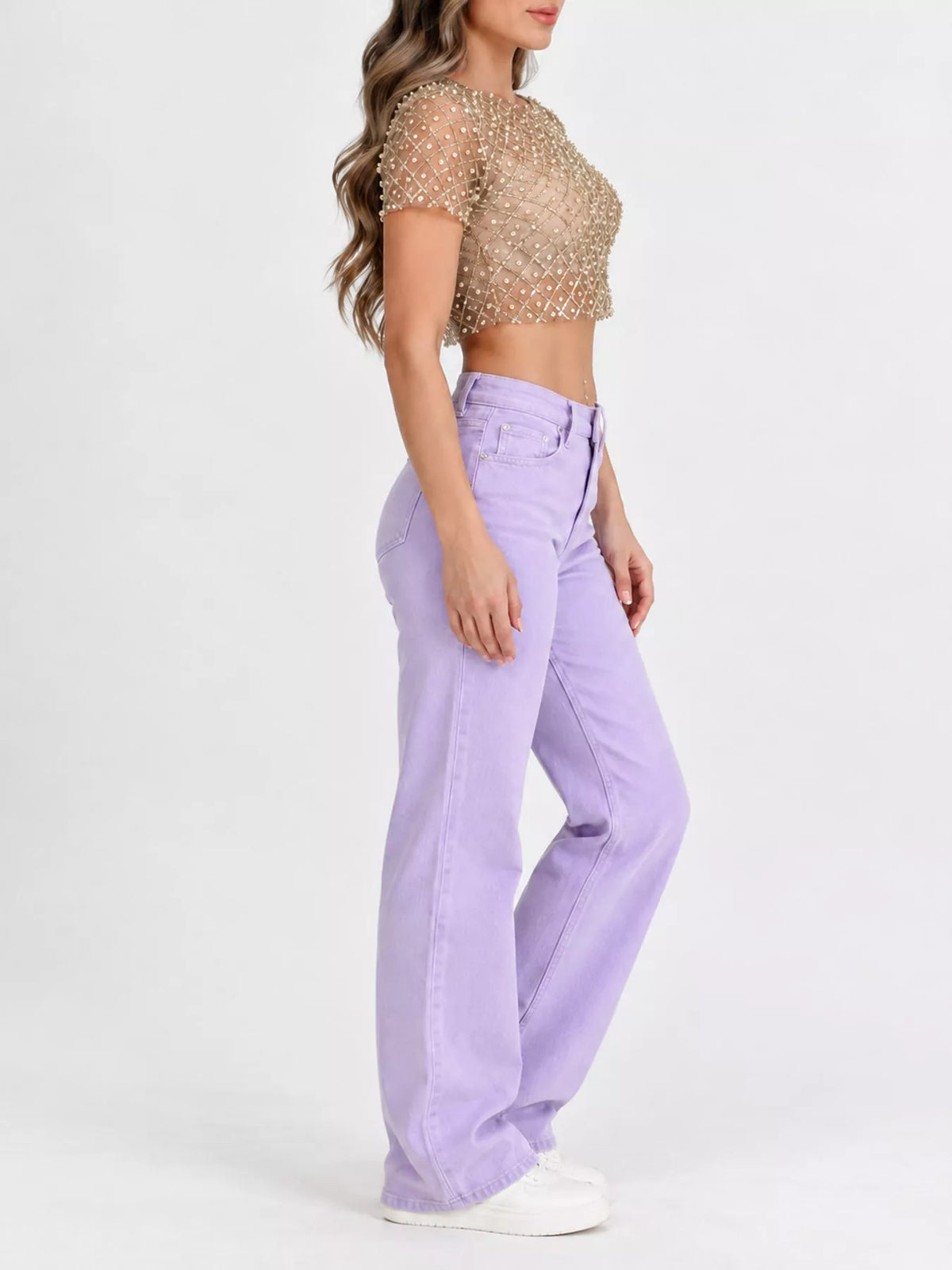 Sheer Mesh Pearl Embellished Crop Blouse in gold