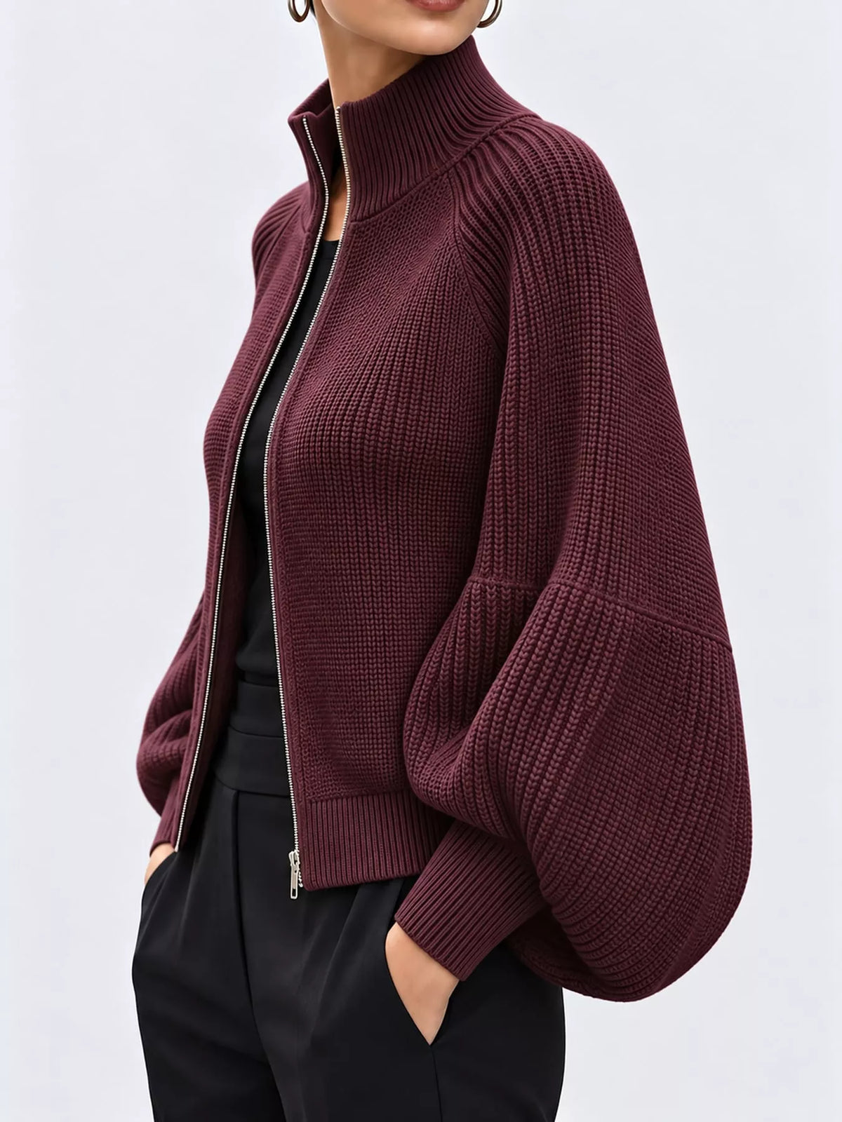Burgundy ribbed knit zip-up lantern sleeve cardigan