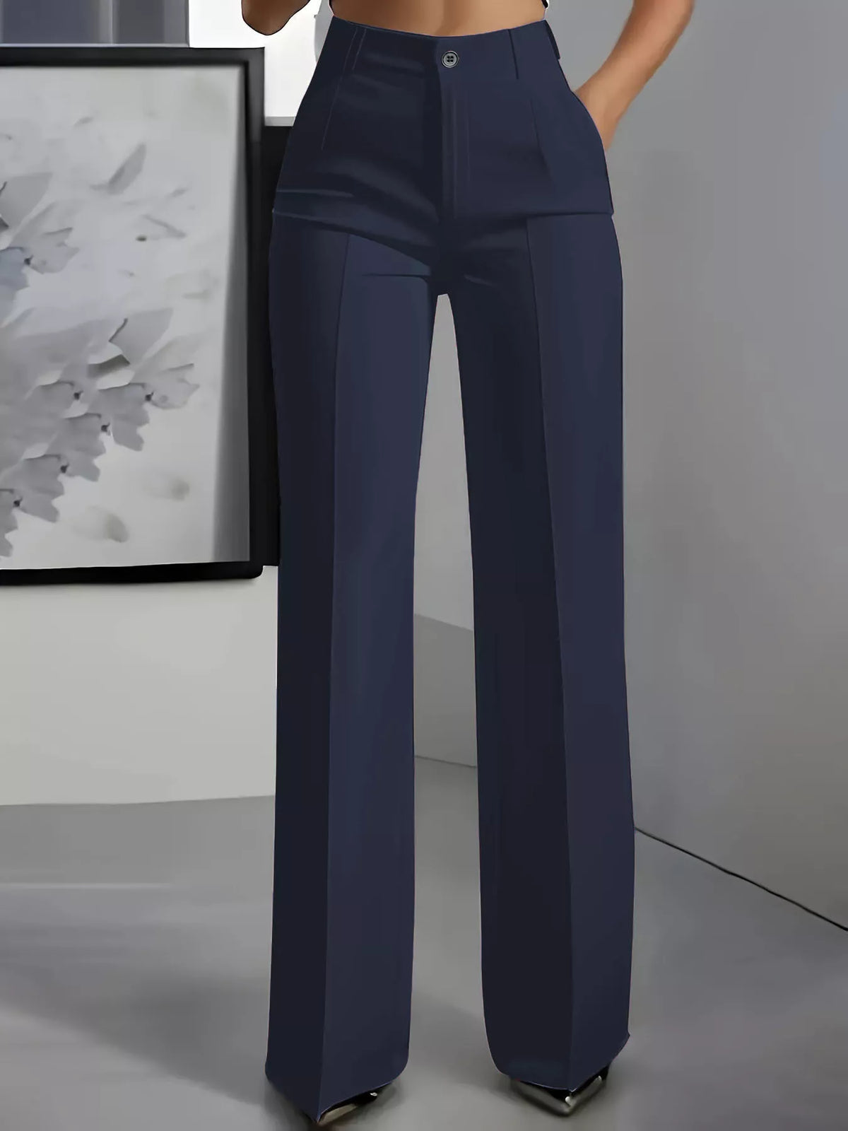 Navy high-waisted wide-leg pants, front view