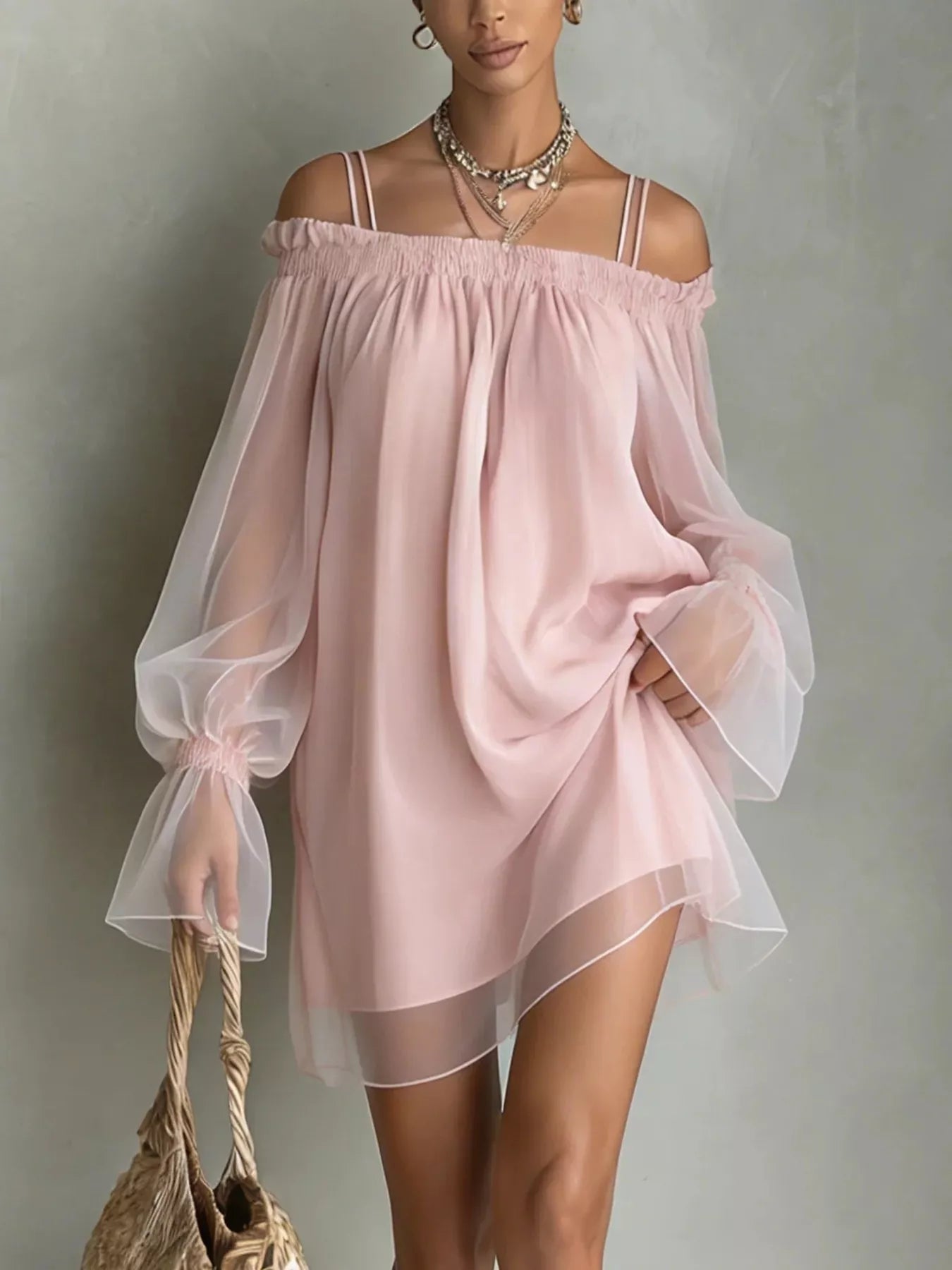 Trendsi Off-Shoulder Sheer Sleeve Mini Dress -