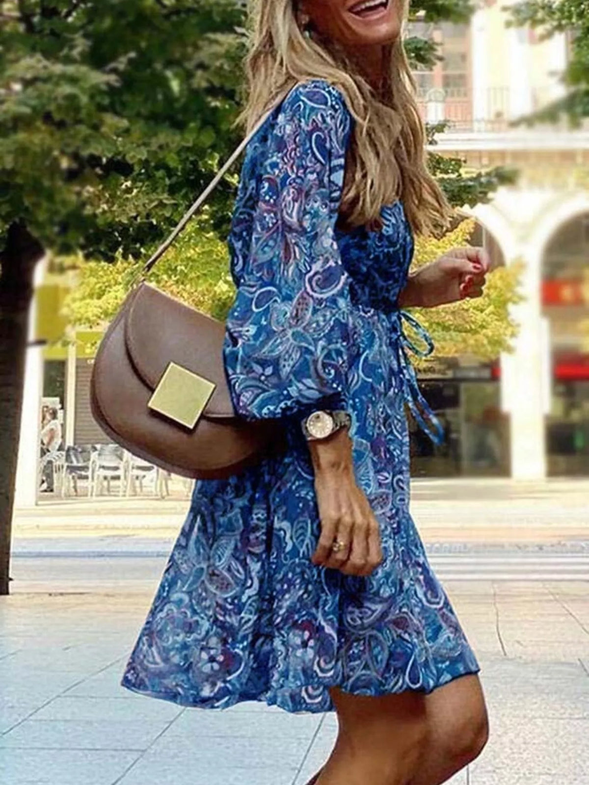 Trendsi Full Size Paisley Print Long Sleeve Mini Dress Plus Size -