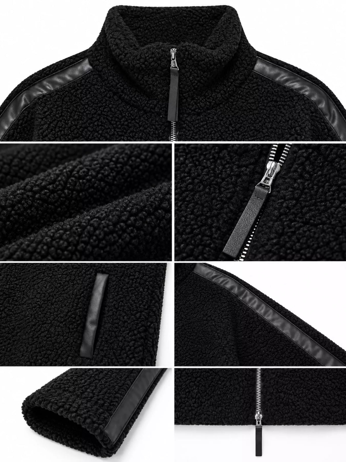 Black sherpa zip-up jacket, zip neckline, shoulder trim, sleeve, and fabric details