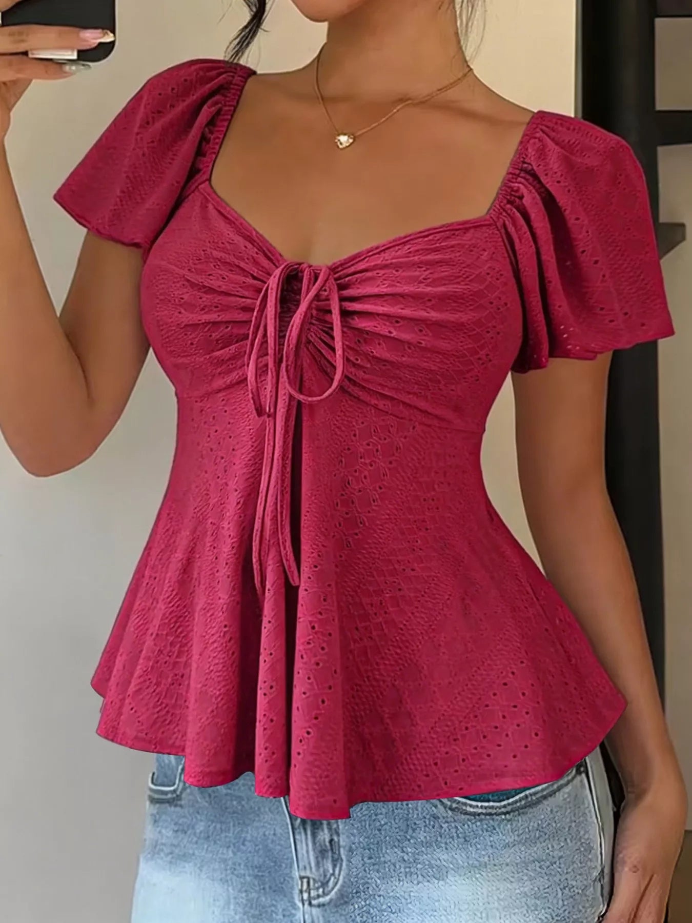 Trendsi Ruched Flutter Sleeve Peplum Top -