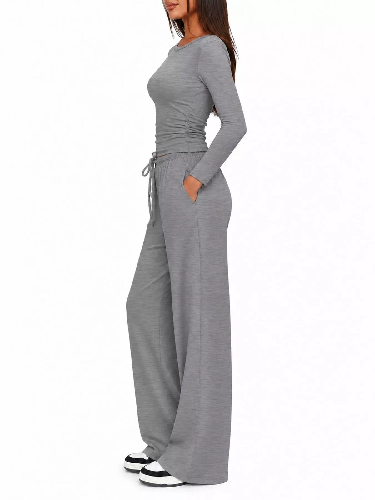 Long Sleeve Top and Wide-Leg Drawstring Pants Set — side view