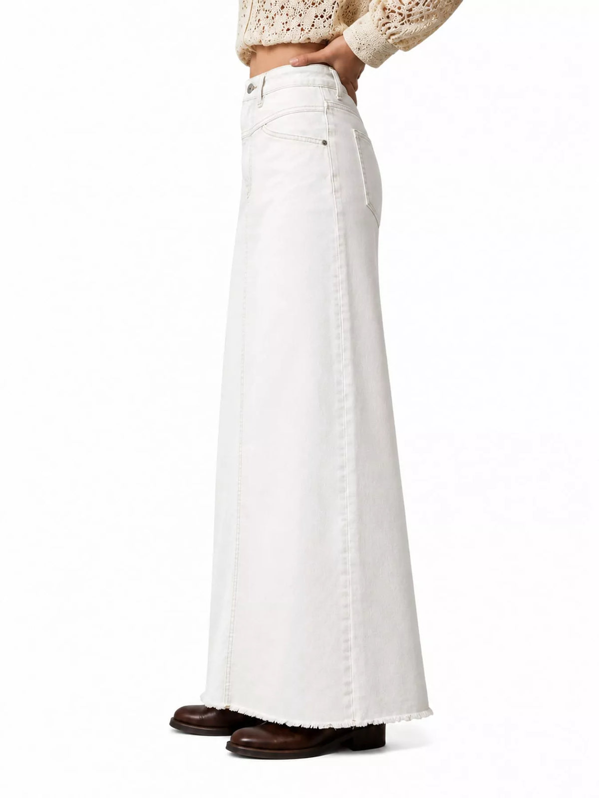 Raw Hem Maxi Denim Skirt — side view