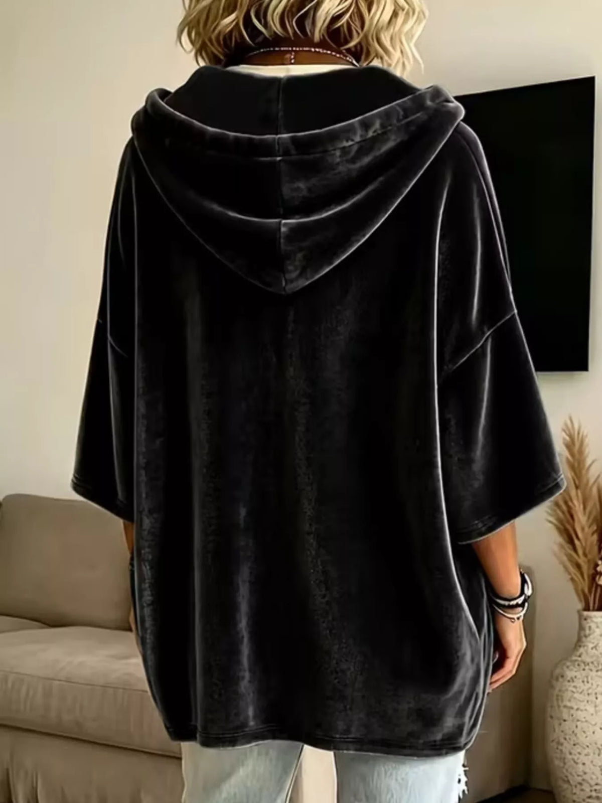 Black velvet kangaroo pocket drawstring hoodie, back view