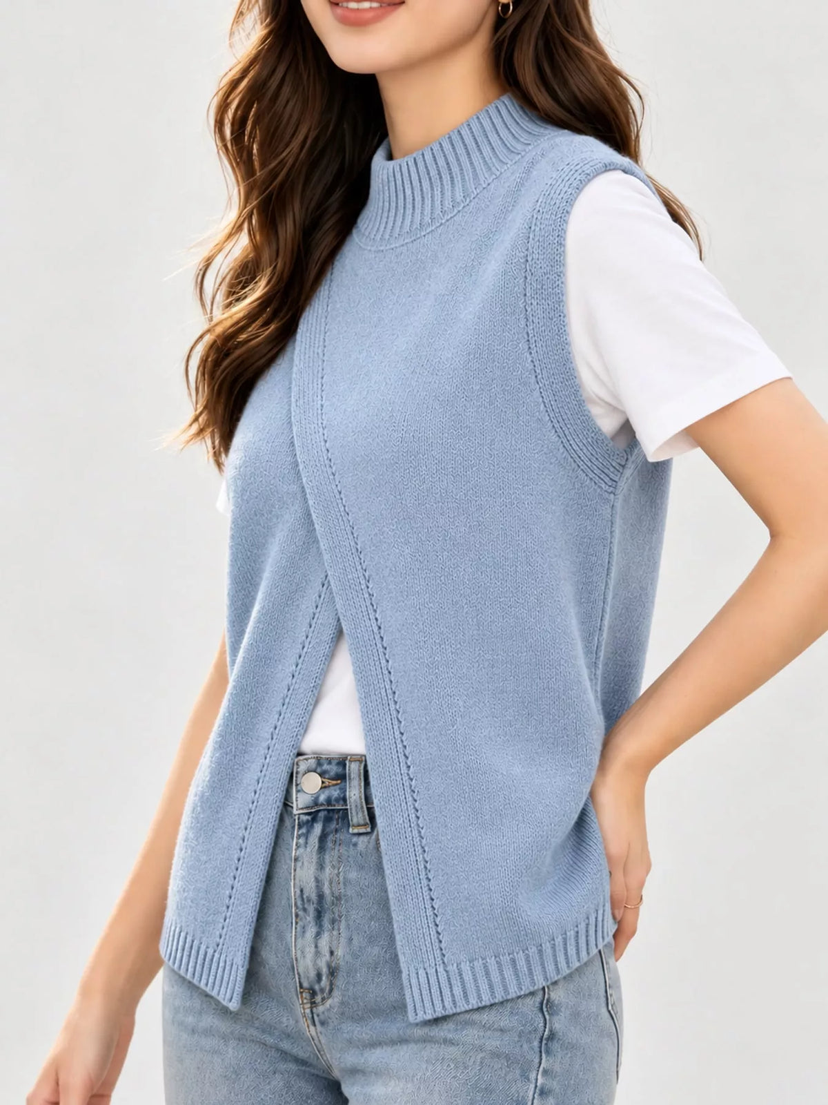 Mock Neck Asymmetrical Hem Knit Sweater Vest in light blue