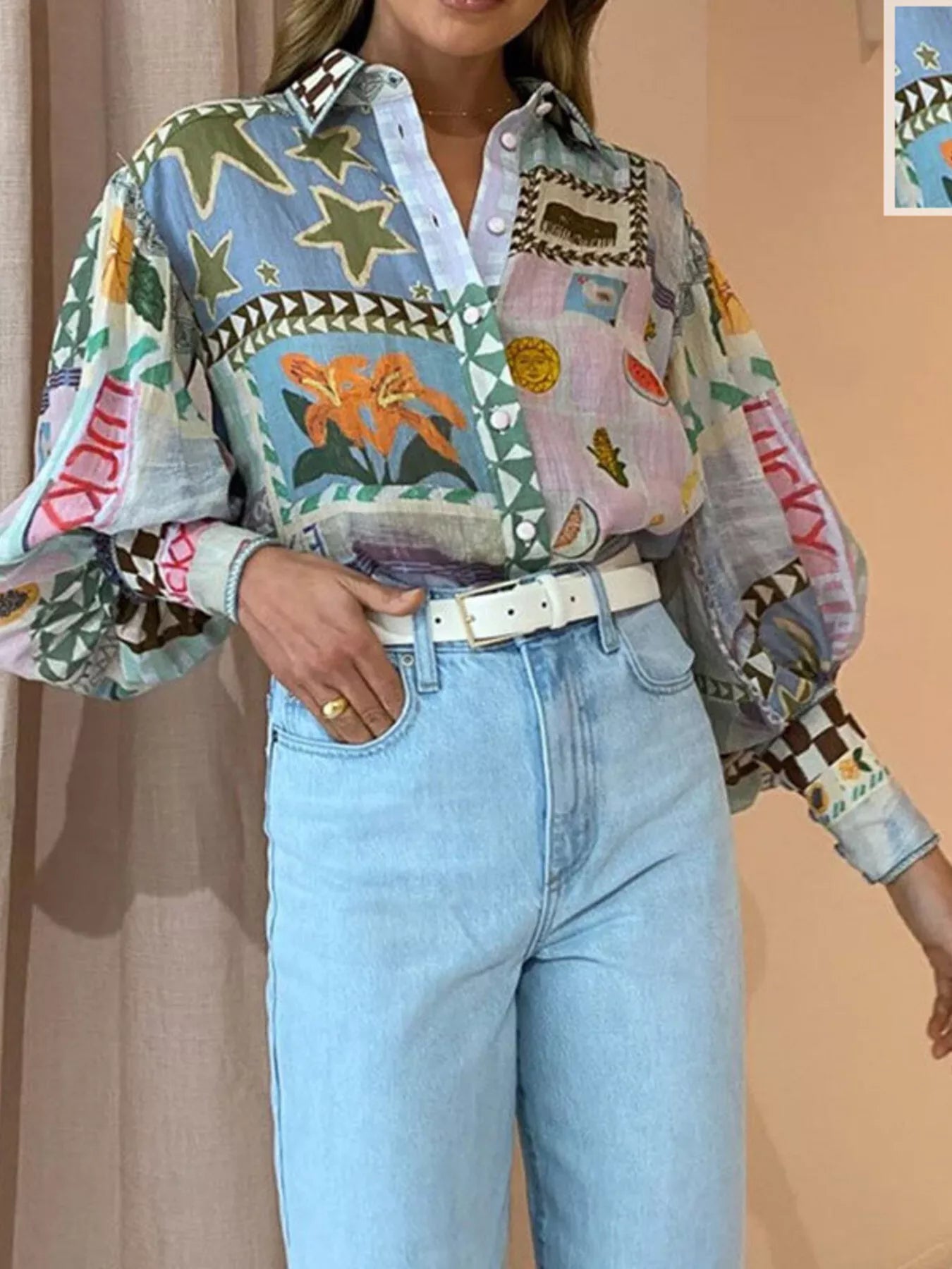 Trendsi Full Size Printed Lantern Sleeve Button Up Shirt Plus Size -