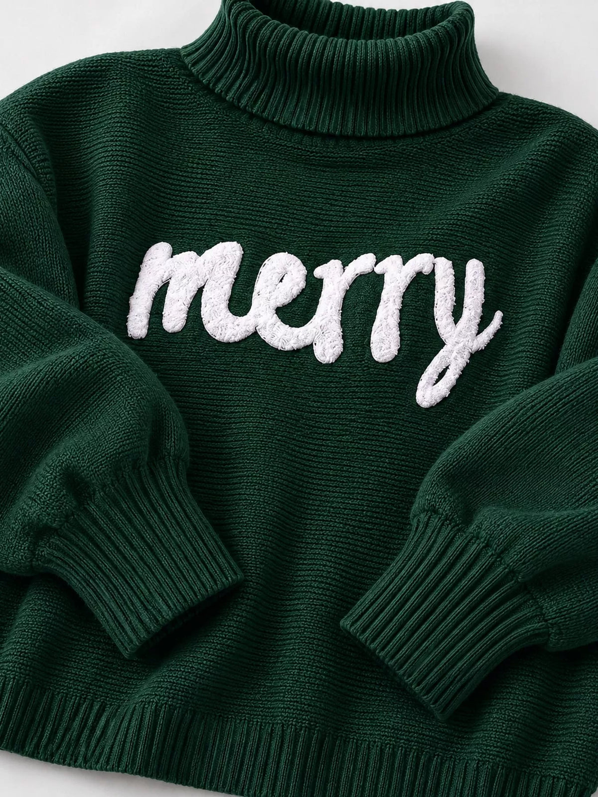 Dark Green lettering turtleneck sweater, detail view