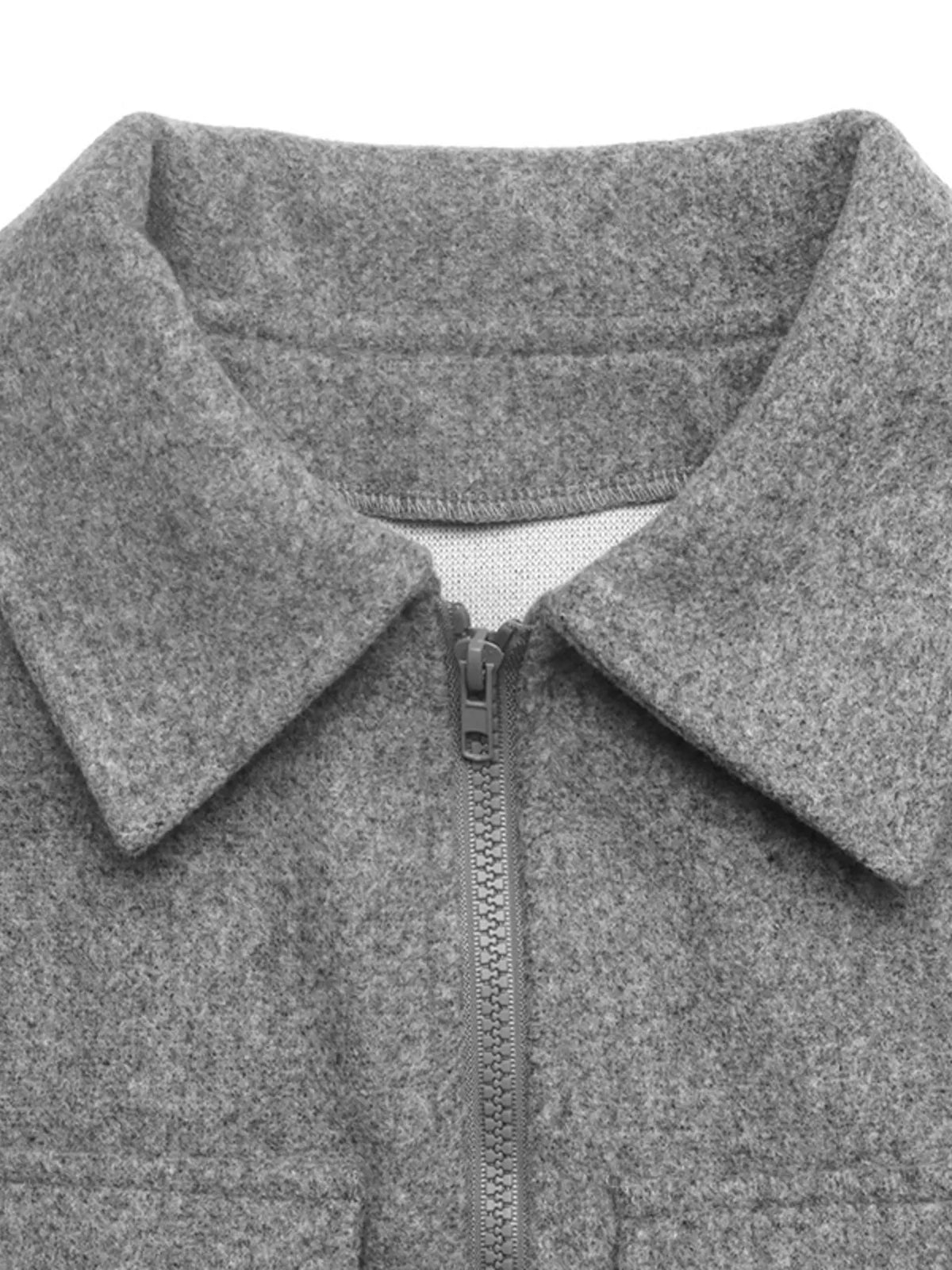 Gray zip-up cropped shacket, collar and zipper detail