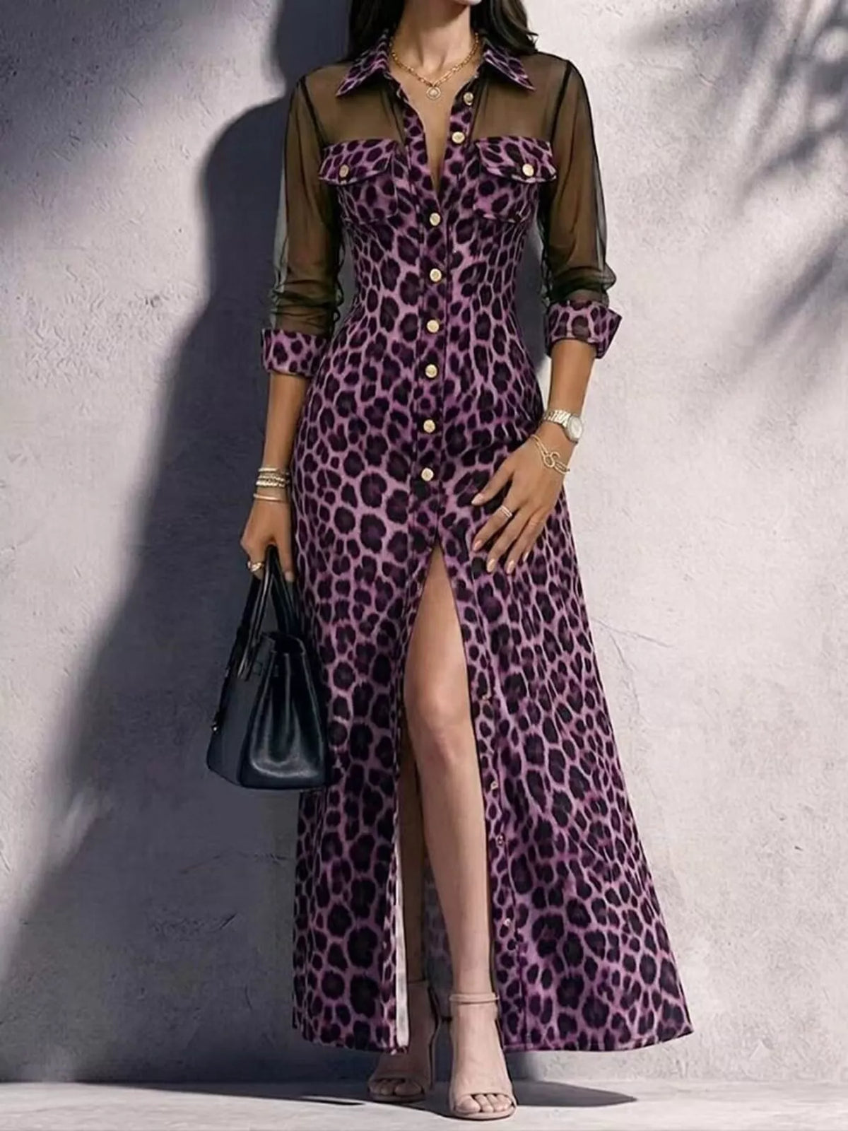 Women's Leopard Sheer Mesh Long Sleeve Button-Down Maxi Dress in Purple, front view