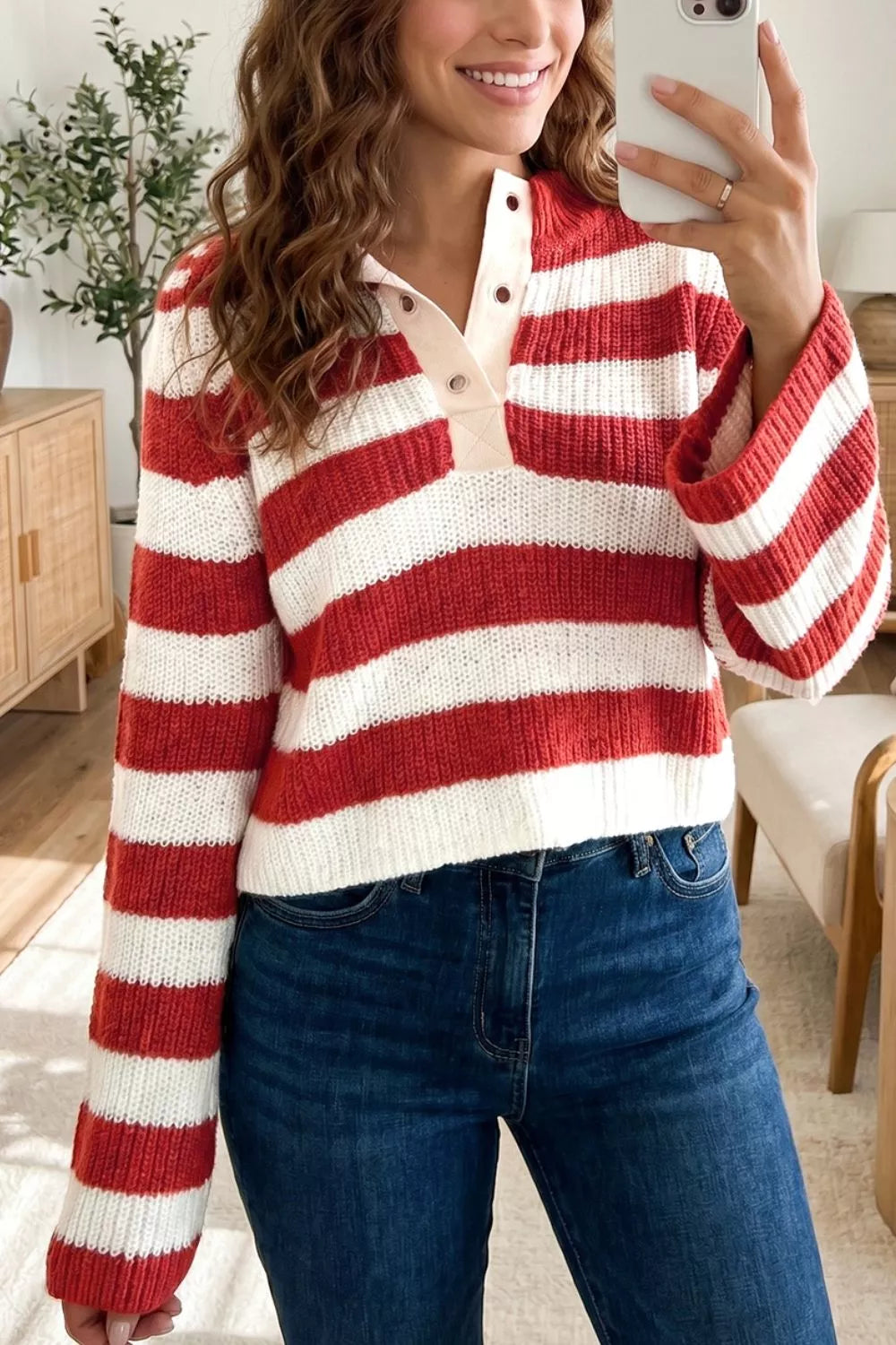 Striped colorblock V-neck long sleeve sweater