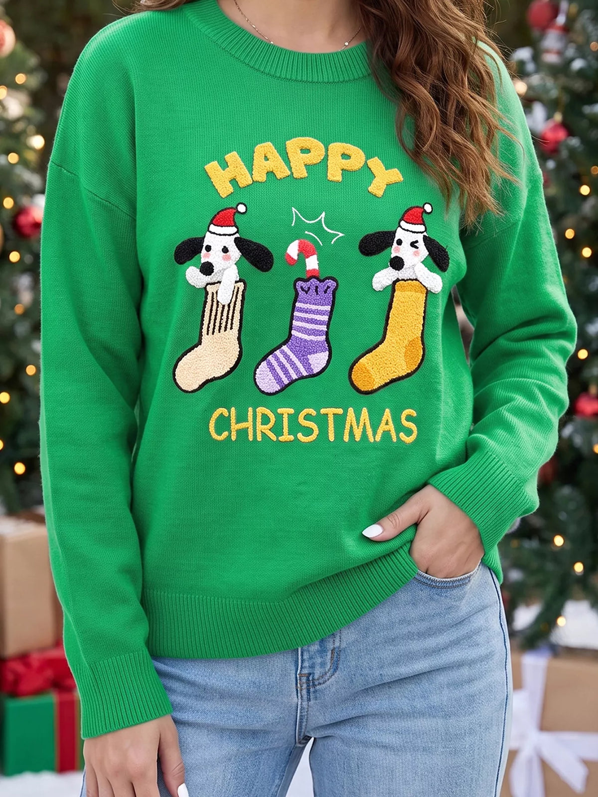 Christmas patch sweater, green front hem