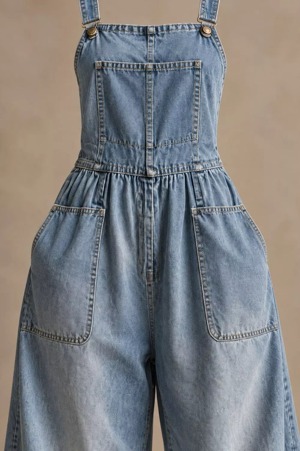Vintage Wash Wide-Leg Denim Overalls with Pockets — back view