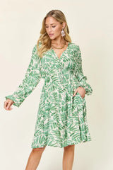 Trendsi Double Take Full Size Printed Ruched Balloon Sleeve Dress -