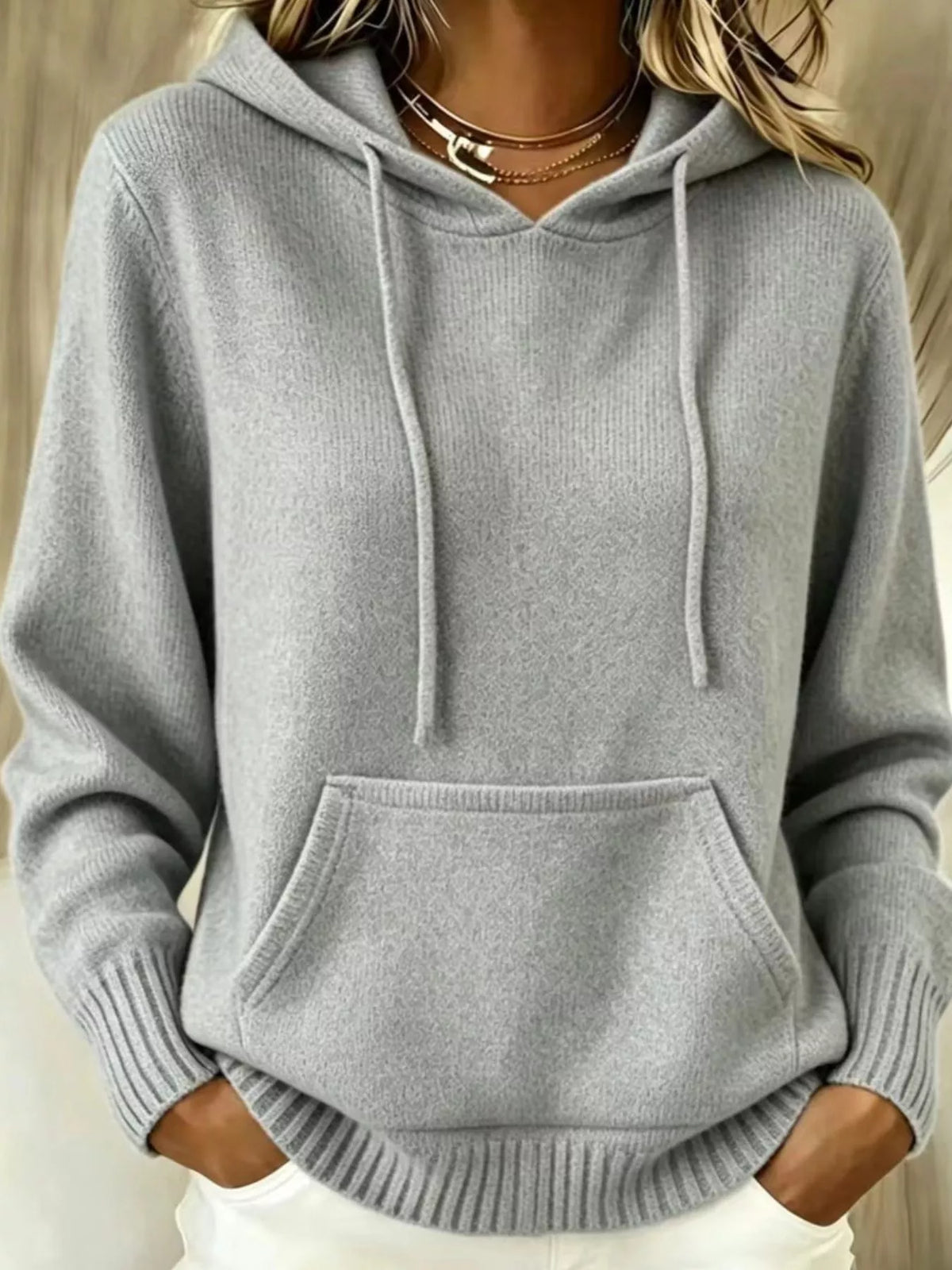Women's Drawstring Kangaroo Pocket Hooded Sweater in gray — front view