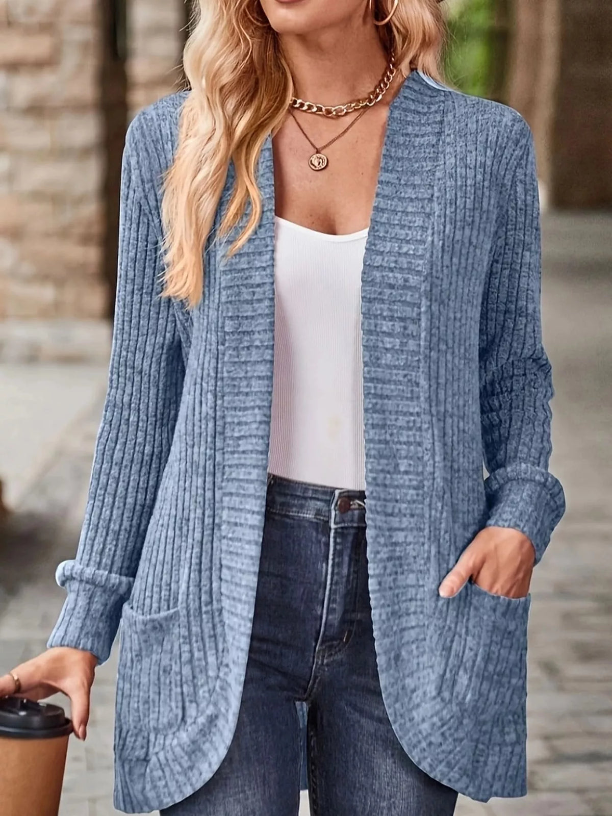 Ribbed Knit Open Front Cardigan with Pockets — front view