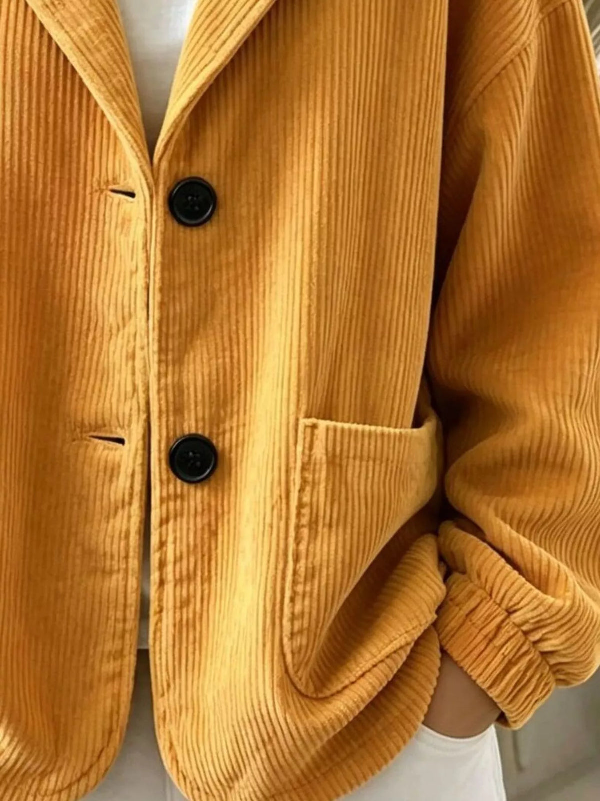 Women's Corduroy Button Up Hooded Jacket in mustard — front view