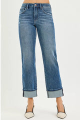 Trendsi RISEN Full Size 4 Way Stretch Slouchy Straight Jeans with Cuffed Hem Plus Size -