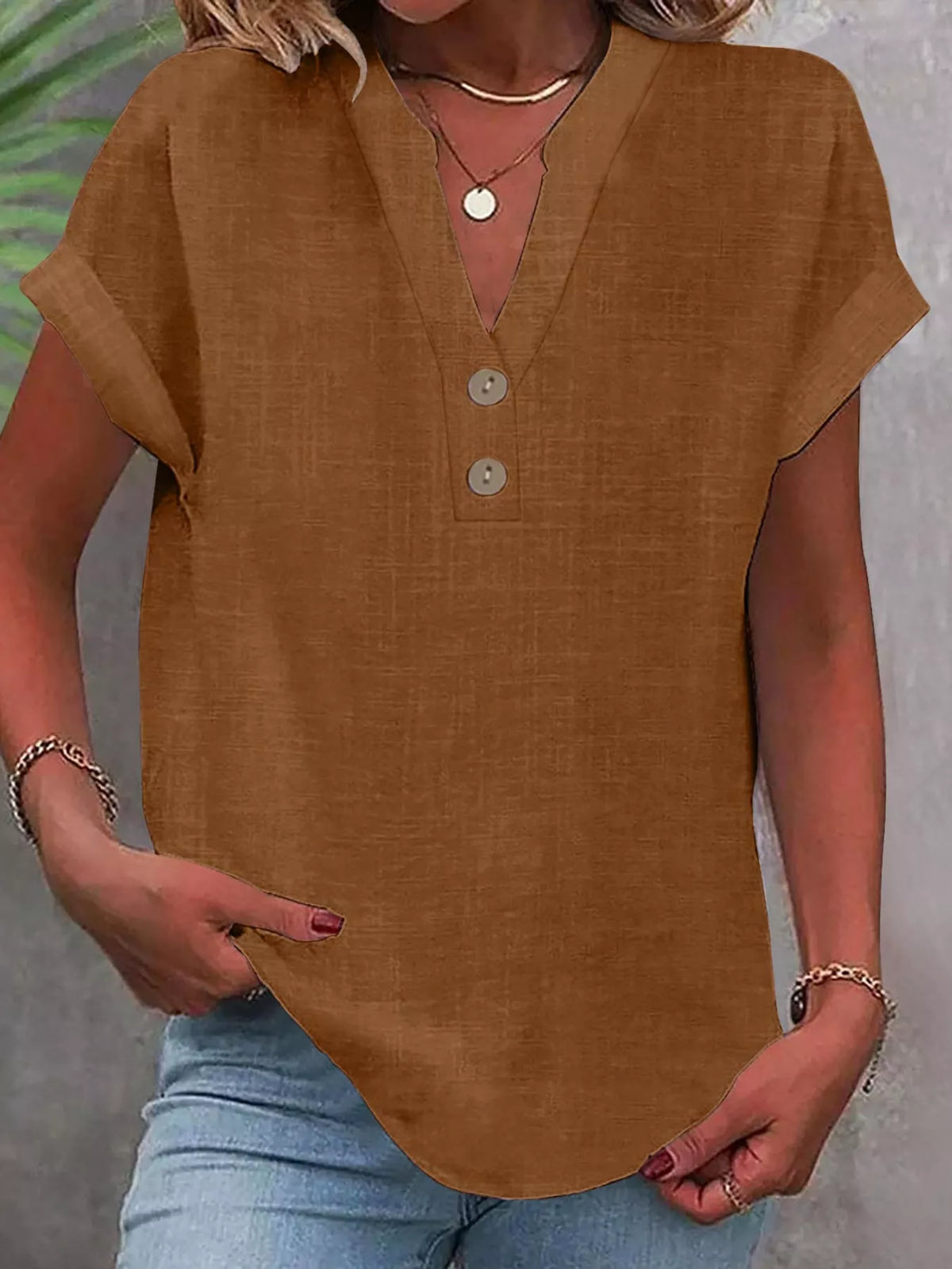 Brown button detail short sleeve blouse, front view