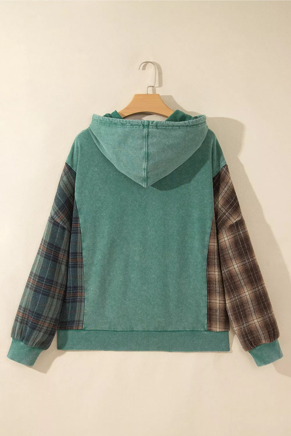 Plaid Kangaroo Pocket Hoodie in green, hanger back view