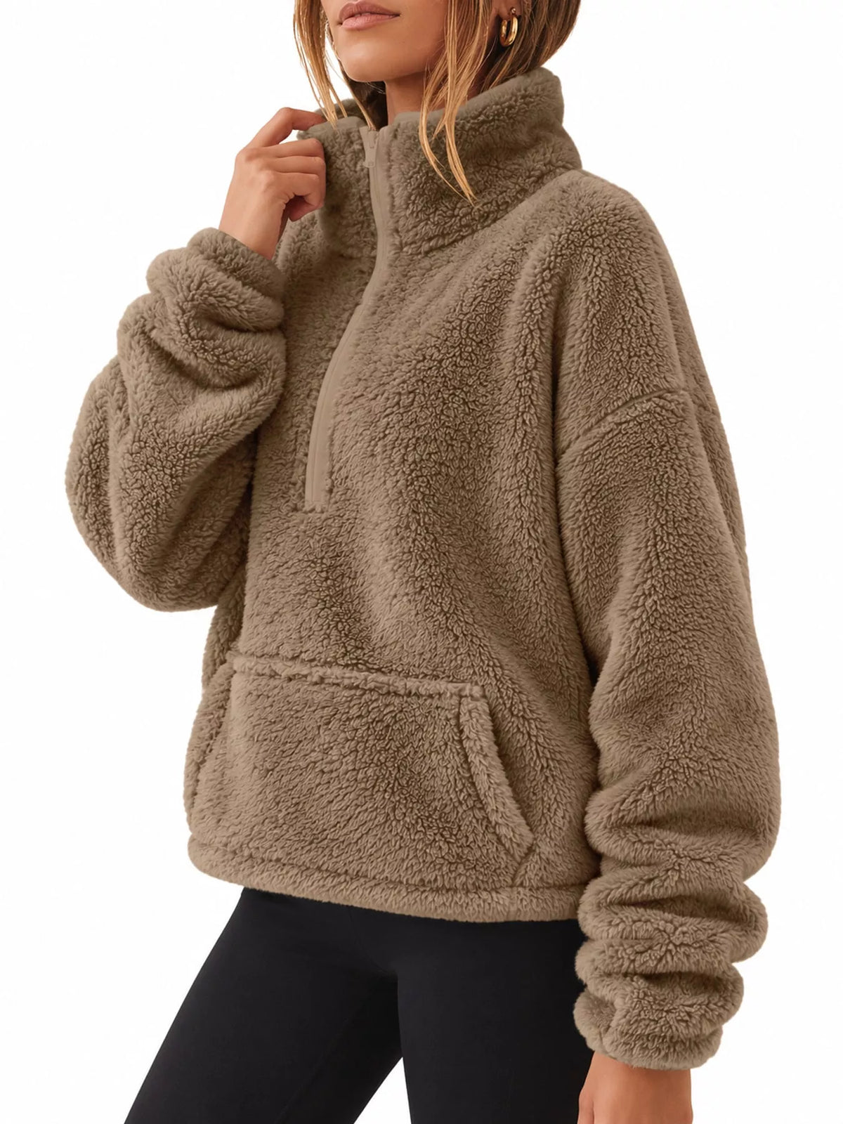 Sherpa quarter-zip sweatshirt, tan angled front